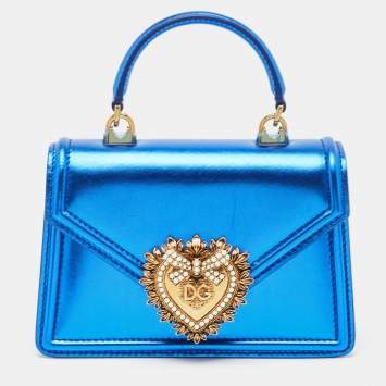 Pre Owned Dolce & Gabbana Metallic Blue Leather Small Devotion Top Handle Bag