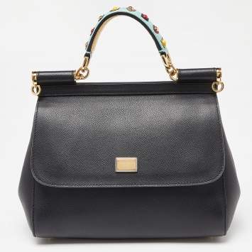 Pre Owned Dolce & Gabbana Black/Gold Leather Medium Miss Sicily Top Handle Bag