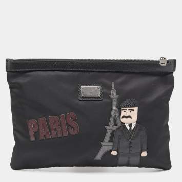 Pre Owned Dolce & Gabbana Black Nylon and Leather Patchwork Zip Pouch