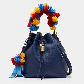 Pre Owned Dolce & Gabbana Blue Leather Claudia Drawstring Bucket Bag
