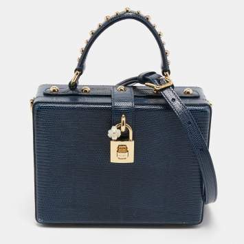 Pre Owned Dolce & Gabbana Blue Lizard Embossed Leather Rosaria Box Top Handle Bag