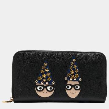 مملوكة مسبقًا Dolce & Gabbana Black Leather DG Family Patch Zip Around Wallet