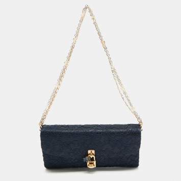 Pre Owned Dolce & Gabbana Navy Blue Lace and Satin Padlock Chain Clutch