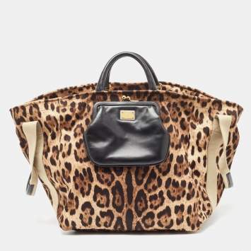 Pre Owned Dolce & Gabbana Beige Brown/Black Leopard Print Fabric Front Pouch Tote  