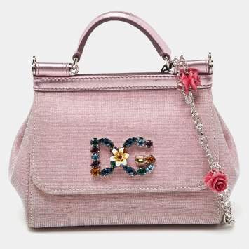 Pre Owned Dolce & Gabbana Pink Lurex Fabric and Leather Mini Miss Sicily Top Handle Bag