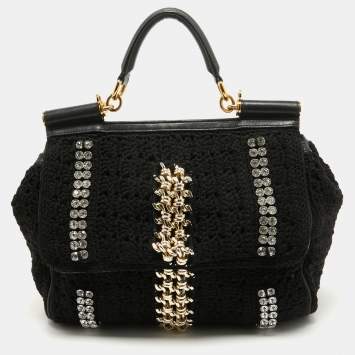 Pre Owned Dolce & Gabbana Black Crochet Fabric Large Crystal and Chain Miss Sicily Top Handle Bag