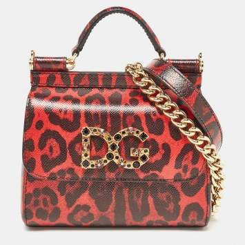Pre Owned Dolce & Gabbana Red/Black Leopard Print Leather Mini Crystal and Spike DG Logo Miss Sicily Bag