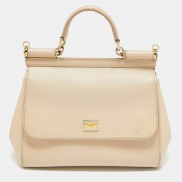 Pre Owned Dolce & Gabbana Beige Leather Medium Miss Sicily Top Handle Bag
