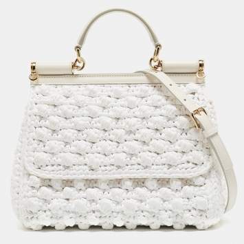 Pre Owned Dolce & Gabbana White Raffia and Leather Medium Miss Sicily Top Handle Bag