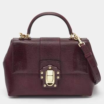 Pre Owned Dolce & Gabbana Burgundy Lizard Embossed Leather Medium Lucia Top Handle Bag