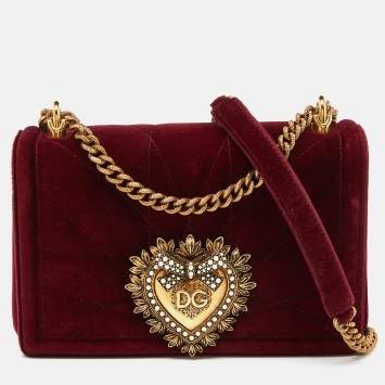 Pre Owned Dolce & Gabbana Maroon Quilted Velvet Devotion Chain Shoulder Bag