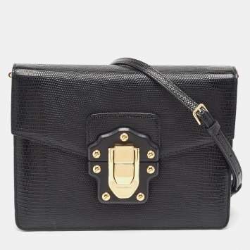 Pre Owned Dolce & Gabbana Black Lizard Embossed Leather Lucia Medium Shoulder Bag