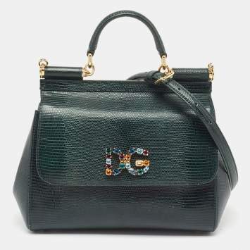 Pre Owned Dolce & Gabbana Green Lizard Embossed Leather Medium Miss Sicily Handle Bag