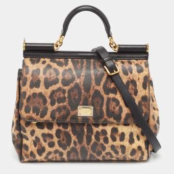 Pre Owned Dolce & Gabbana Brown/Black Leopard Print Coated Canvas and Leather Large Miss Sicily Top Handle Bag