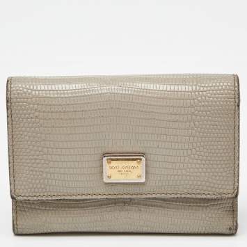 Pre Owned Dolce & Gabbana Grey Lizard Embossed Leather Trifold Wallet