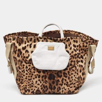 Pre Owned Dolce & Gabbana Brown/Black Leopard Print Fabric Front Pouch Tote