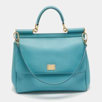 Pre Owned Dolce & Gabbana Light Blue Leather Large Miss Sicily Top Handle Bag