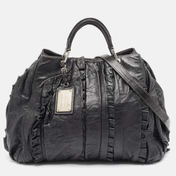 Pre Owned Dolce & Gabbana Black Leather Ruffle Miss Brooke Bag
