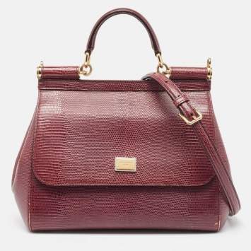 Pre Owned Dolce & Gabbana Burgundy Lizard Embossed Leather Medium Miss Sicily Top Handle Bag