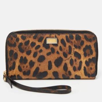 Pre Owned Dolce & Gabbana Leopard Print Coated Canvas Zip Around Wristlet Wallet