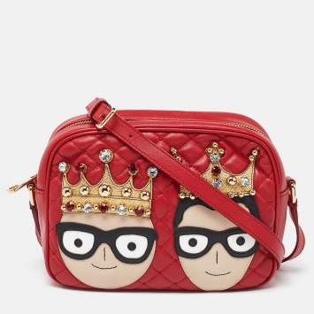 Pre Owned Dolce & Gabbana Red Leather Glam Embellished Camera Bag