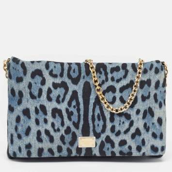 Pre Owned Dolce & Gabbana Blue/Black Leopard Print Denim Flap Shoulder Bag
