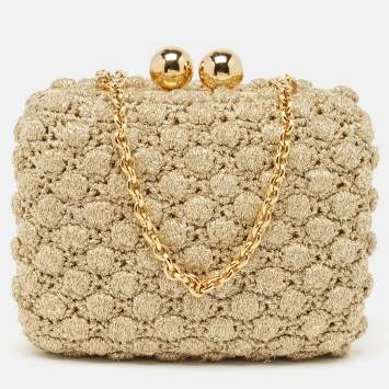 Pre Owned Dolce & Gabbana Gold Lurex Fabric Kiss Lock Frame Chain Clutch
