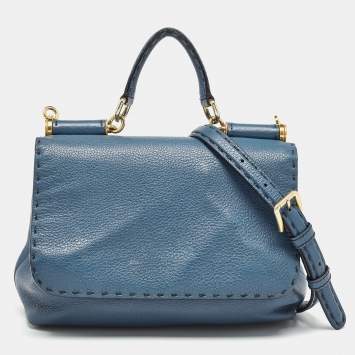 Pre Owned Dolce & Gabbana Teal Leather Medium Stitched Sicily Top Handle Bag