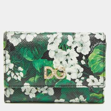 Pre Owned Dolce & Gabbana Green Floral Printed Leather DG Crystals Trifold Wallet