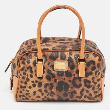 Pre Owned Dolce & Gabbana Brown/Black Leopard Print Coated Canvas and Leather Satchel