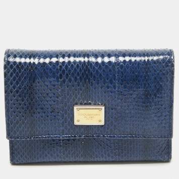 مملوكة مسبقًا Dolce & Gabbana Blue Watersnake Leather Logo Trifold Wallet