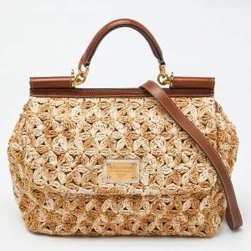 Pre Owned Dolce & Gabbana Beige/Brown Crochet Raffia and Leather Large Miss Sicily Top Handle Bag 