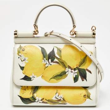 Pre Owned Dolce & Gabbana Off White/Yellow Lemon Print Leather Small Miss Sicily Top Handle Bag