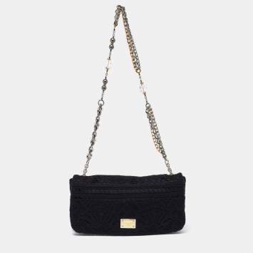Pre Owned Dolce & Gabbana Black Lace Chain Flap Shoulder Bag