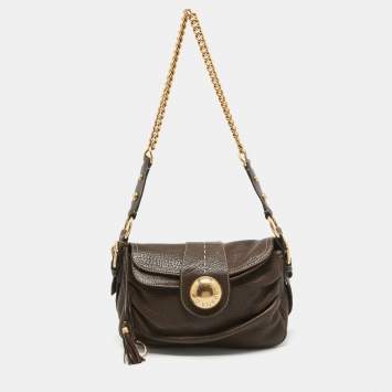 Pre Owned Dolce & Gabbana Dark Brown Leather Flap Tassel Shoulder Bag