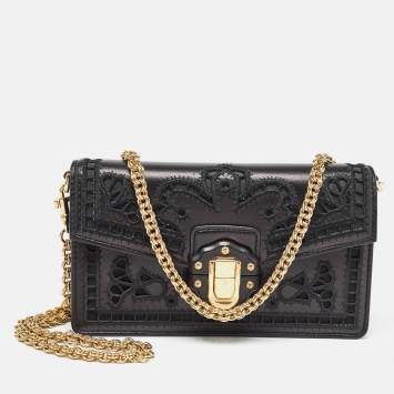 Pre Owned Dolce & Gabbana Black Leather Embroidered Lucia Wallet On Chain