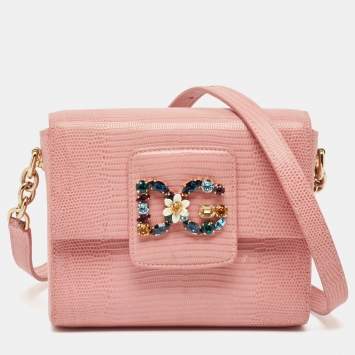 Pre Owned Dolce & Gabbana Pink Lizard Embossed Leather Mini DG Millennials Crossbody Bag