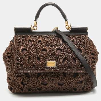 Pre Owned Dolce & Gabbana Dark Brown Crochet Raffia Large Miss Sicily Top Handle Bag