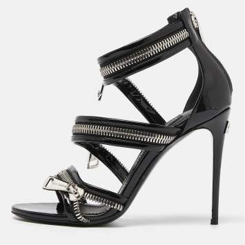 مملوكة مسبقًا Dolce & Gabbana Black Patent Leather Chain Detail Ankle Strap Sandals Size 37