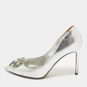 Pre Owned Dolce & Gabbana Silver Embossed Snakeskin Bellucci Pumps Size 39