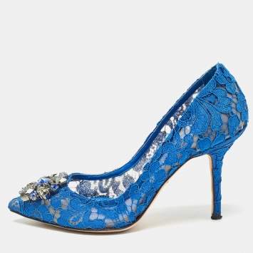 Pre Owned Dolce & Gabbana Blue Lace Crystal Embellished Bellucci Pumps Size 37