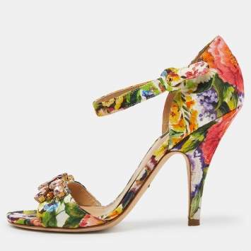 Pre Owned Dolce & Gabbana Multicolor Brocade Fabric Crystal Embellished Ankle Strap Sandals Size 38