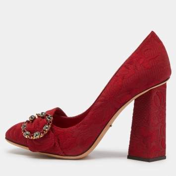 Pre Owned Dolce & Gabbana Red Brocade Fabric Crystal Embellished Block Heel Pumps Size 39.5