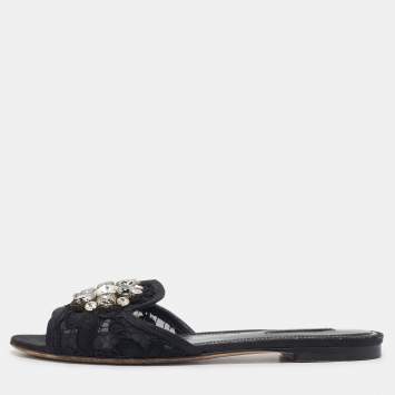 مملوكة مسبقًا Dolce & Gabbana Black Lace Crystal Embellished Flat Slides Size 37.5