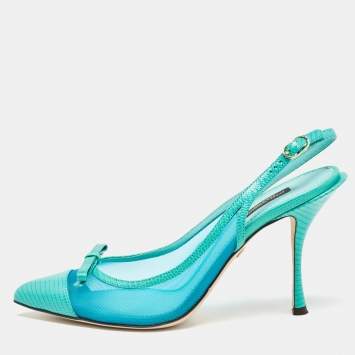 Pre Owned Dolce & Gabbana Blue Iguana Lizard Embossed Leather, Mesh Slingback Pumps Size 39