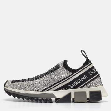 Pre Owned Dolce & Gabbana Silver/Black Fabric  Sorrento Embellished Sneakers Size 37
