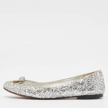 Pre Owned Dolce & Gabbana Silver Glitter Bow Ballet Flats Size 37.5 