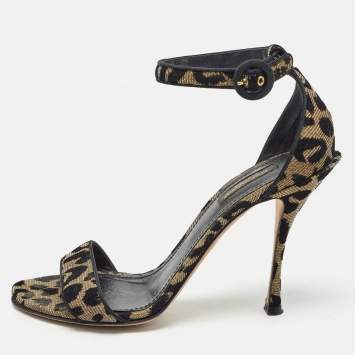 Pre Owned Dolce & Gabbana Gold/Black Leopard Print Fabric Ankle Strap Sandals Size 39