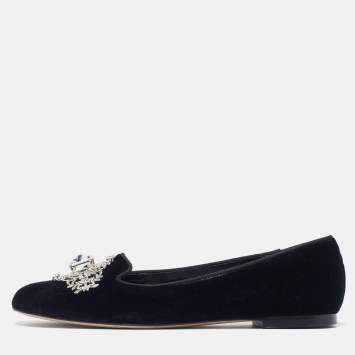 Pre Owned Dolce & Gabbana Black Velvet Crystal Embellished Ballet Flats Size 35