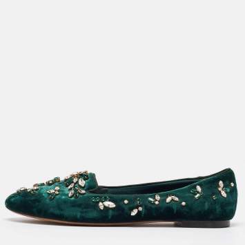 Pre Owned Dolce & Gabbana Green Velvet Crystal Velvet Smoking Slippers Size 40